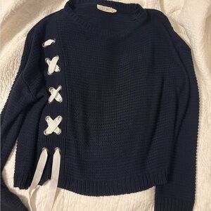 RD Style Navy Sweater with Side Lace-Up